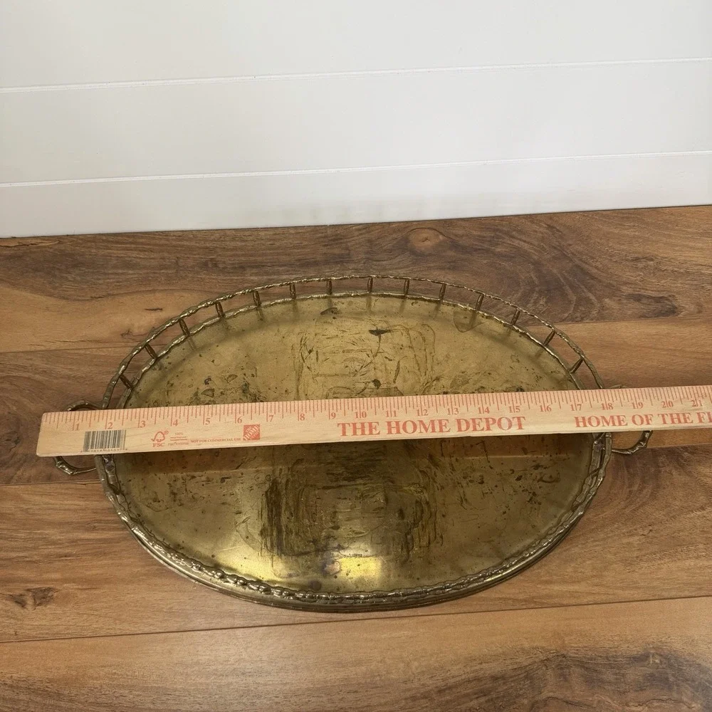 Vintage Brass Serving Tray Faux Bamboo Hollywood Regency Style Oval Large *Wear*